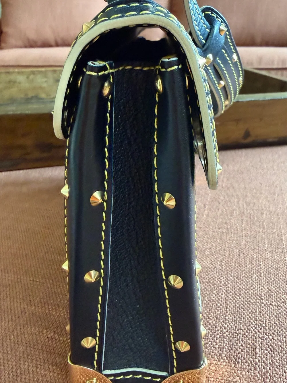 Louis Vuitton Black Suhali Leather Satchel with Gold Stud Accents